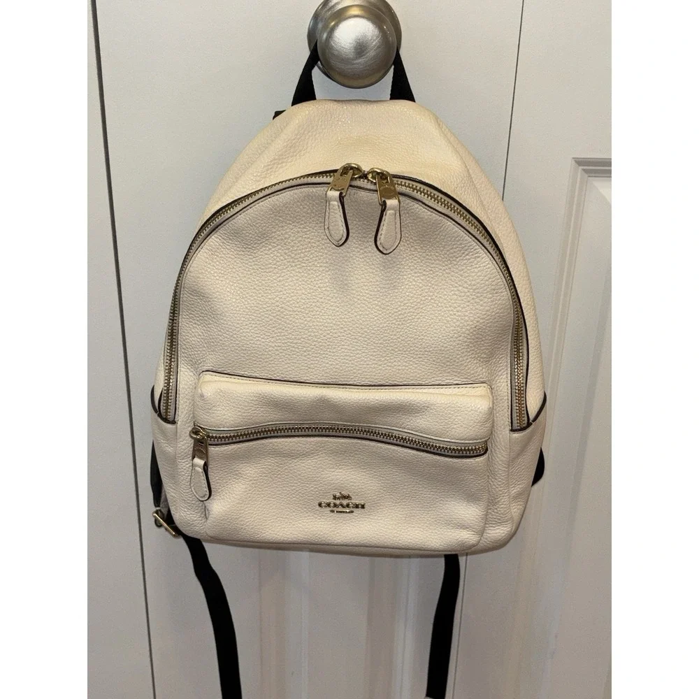 COACH Charlie Backpack Pebble Leather White Unisex Genuine Leather Bag 13x11x4 - Picture 2 of 16